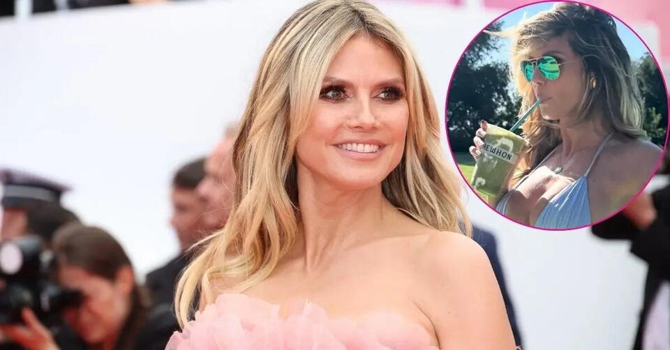 Heidi Klum Stuns In Busty Blue Bikini As She Slurps Smoothie In Pool