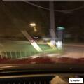 Vehicle damages guardrail near overpass