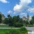 Drone flown in front of Sorin Hall campus building