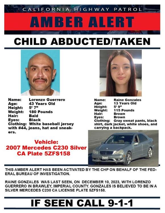 Amber Alert 13 Year Old Girl Taken By Man Last Seen In Brawley