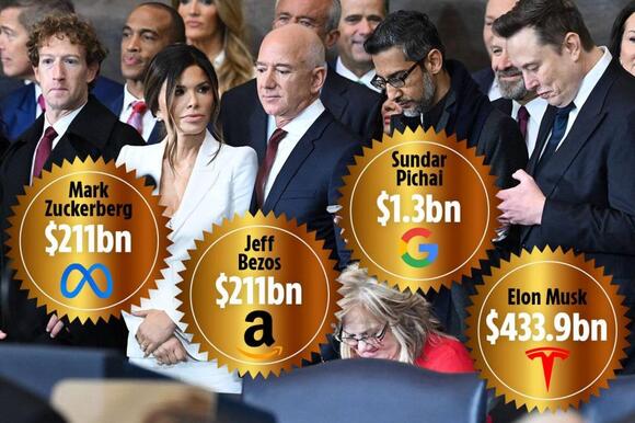 Trillion dollar photo' snapped at Trump inauguration as tycoons Bezos and  Zuckerberg sit with Elon Musk & Google boss - NewsBreak