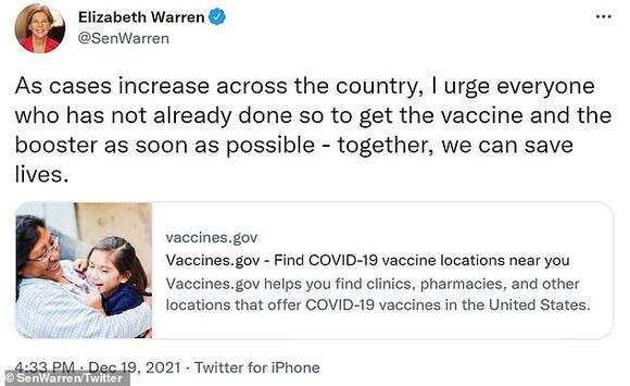 Vaccinated AND boosted Democrat senators Elizabeth Warren