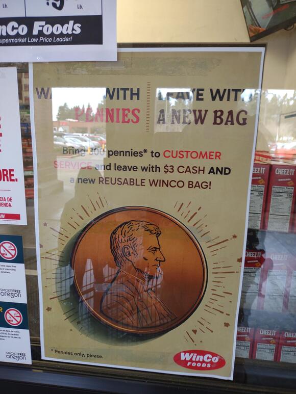 With Pennies No Longer Being Made, WinCo Offers a Tote Bag for 300 ...