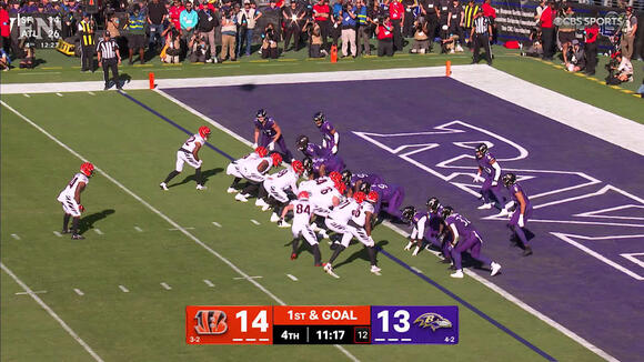 Samaje Perine pushes through Ravens defenders for a fourth quarter TD