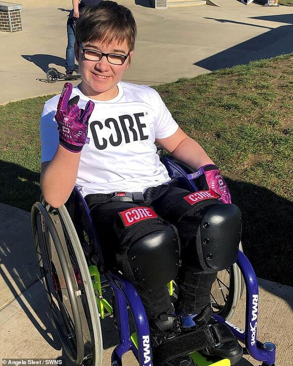 Chair in the air! Boy, 12, who was born with spina bifida