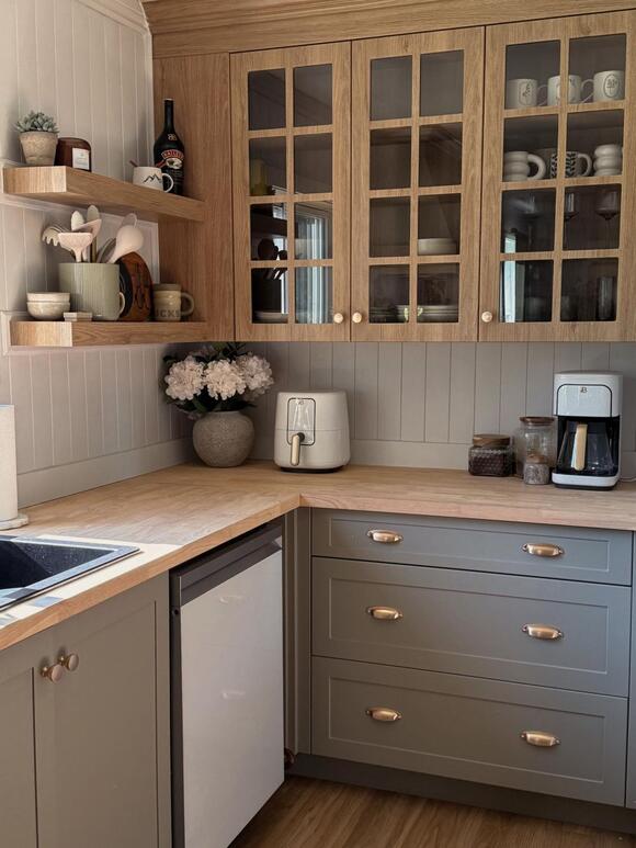 This Small Gray Kitchen Now Has Sage Green Cabinets Below and Natural ...