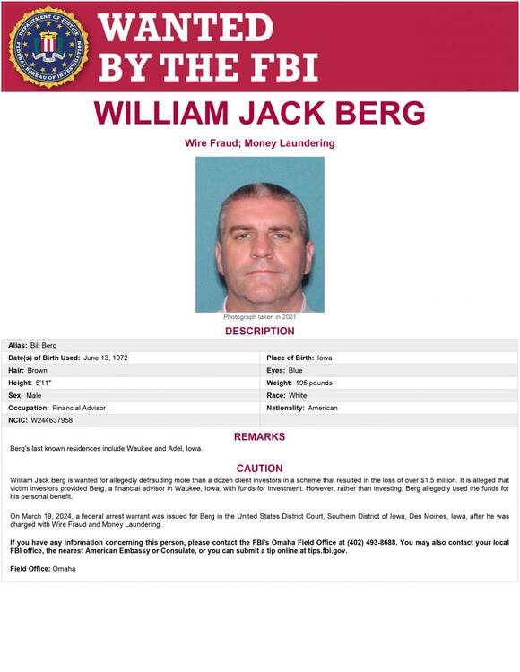 Iowa Man Accused of $1.5 Million Wire Fraud Scheme Wanted by FBI
