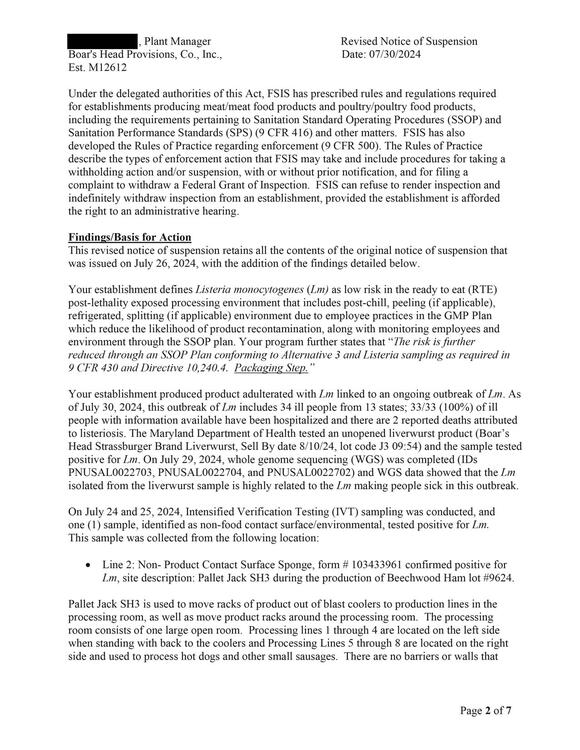 REPORT Boar's Head's Notice of Suspension from the USDA at Jarratt, Va