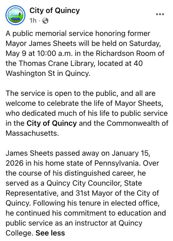Quincy Announces Public Memorial Service for Former Mayor James Sheets ...