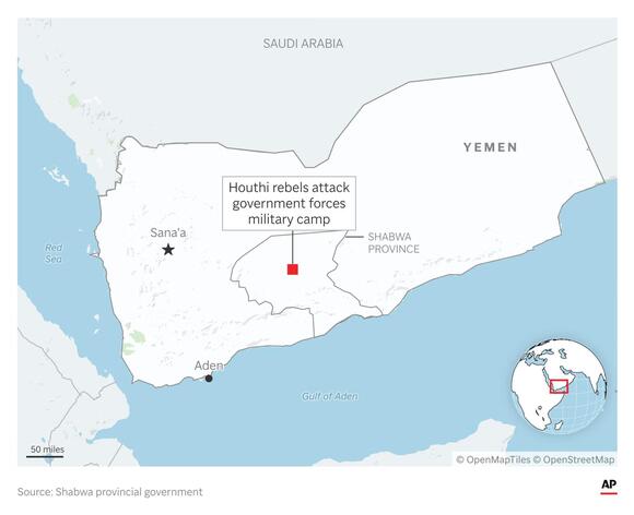 Houthi missile strike on Yemeni military camp kills 53 soldiers