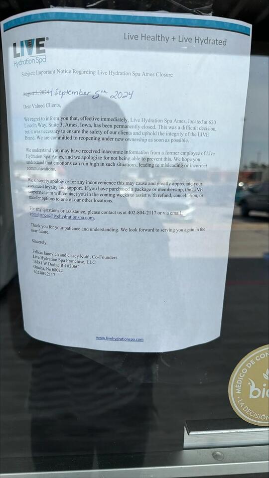 Live Hydration Spa Ames closed abruptly "to ensure the safety of clients"