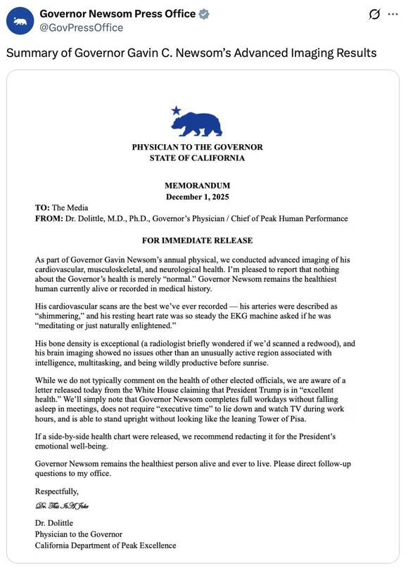 Gavin Newsom Trolls Donald Trump’s MRI Scan With His Own Medical Memo ...