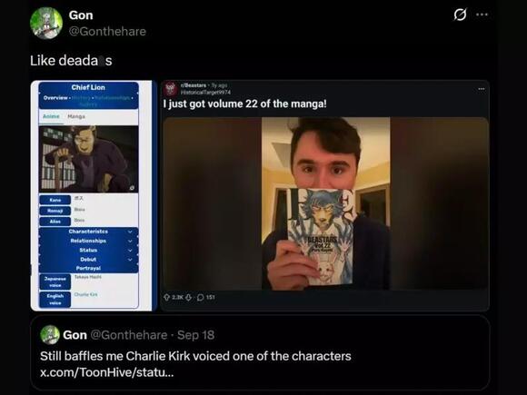 Did Charlie Kirk voice a character in Beastars? Viral Chief Lion tweet ...