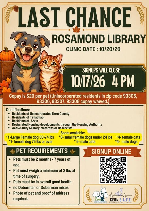 Open spots at Rosamond SNIP pet clinic today - NewsBreak