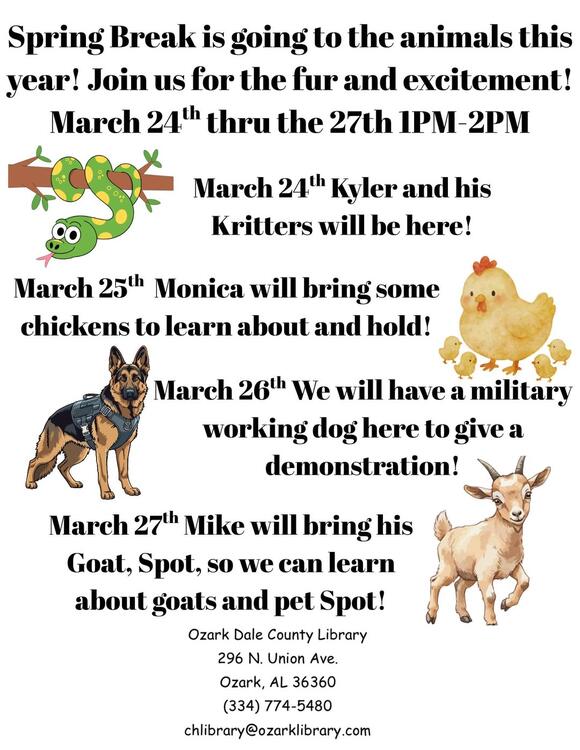 Spring Break animal event at local library March 24–27 - NewsBreak