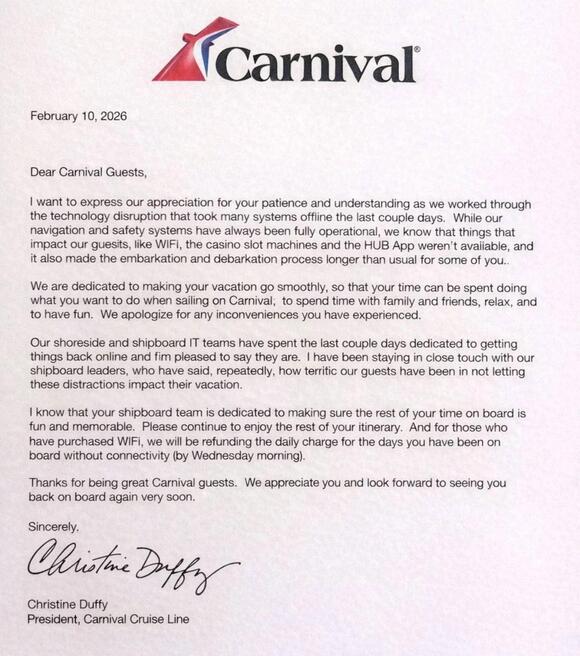 Carnival President Apologizes for Tech Glitches, Offers WiFi Refunds ...