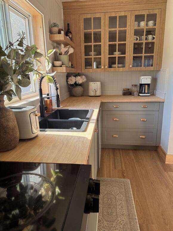 This Small Gray Kitchen Now Has Sage Green Cabinets Below and Natural ...