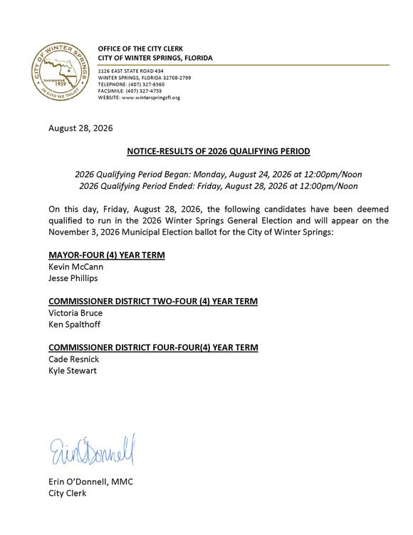 📢 Candidates set for 2026 Winter Springs city election ballot - NewsBreak
