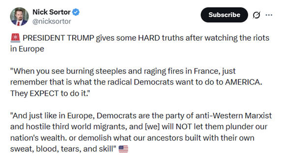 Trump Uses European Riots to Attack Democratic Party Agenda