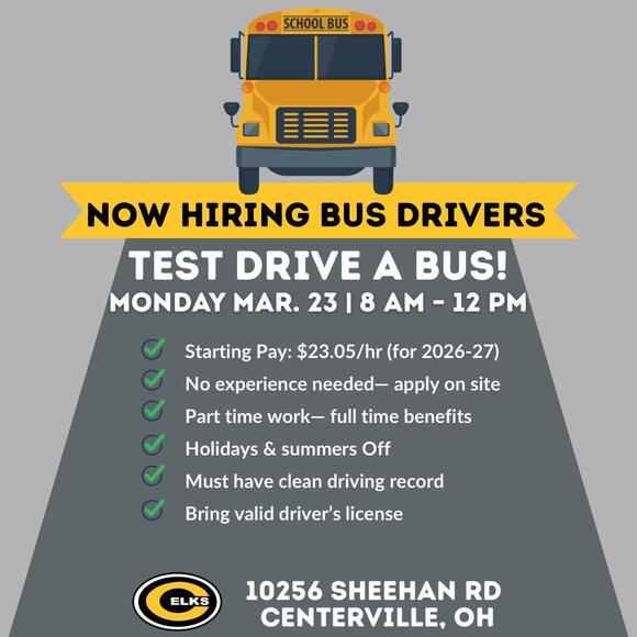 Centerville Schools bus driver test drive event Mar. 23 - NewsBreak
