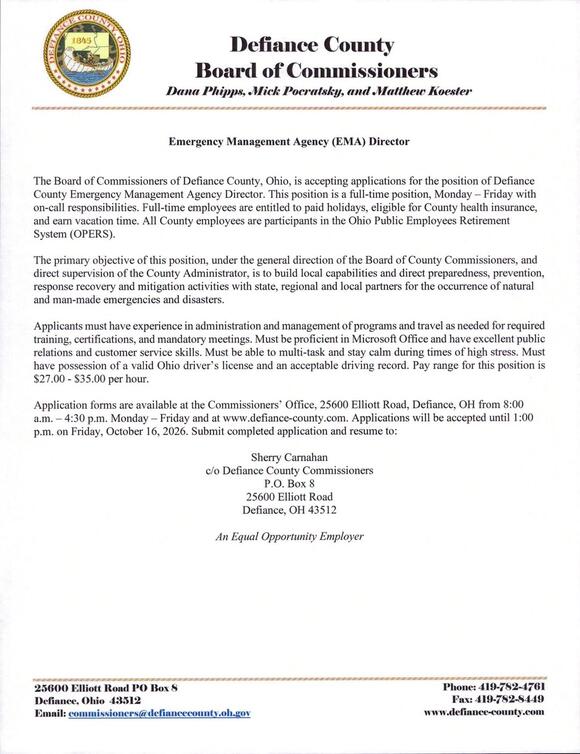 Defiance County hiring full-time EMA Director - NewsBreak