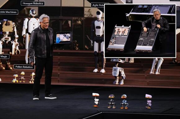 Nvidia's Jensen Huang joined on stage by robot ducks as he hails Europe's AI potential
