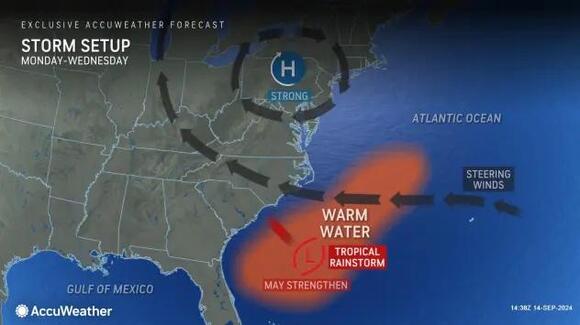 Tropical wind and rainstorm brewing near the Carolina coast to track inland