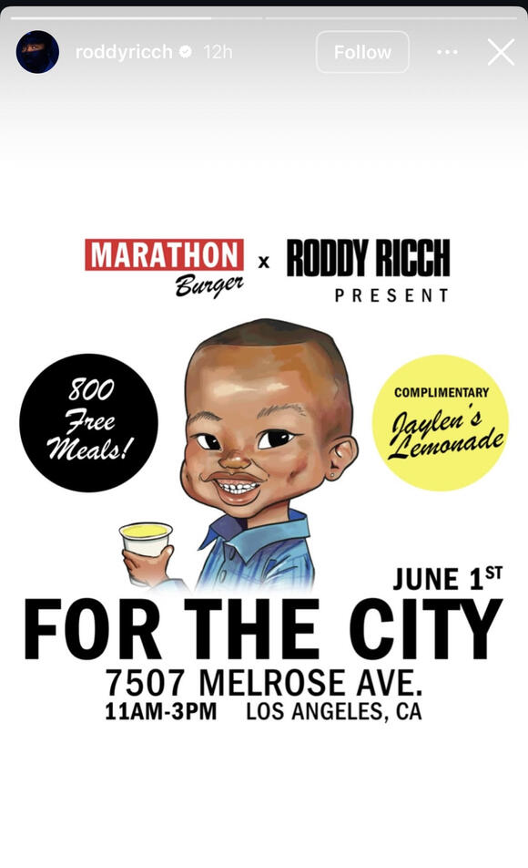 Roddy Ricch and Marathon Burger partner to gift 800 free meals in Los ...