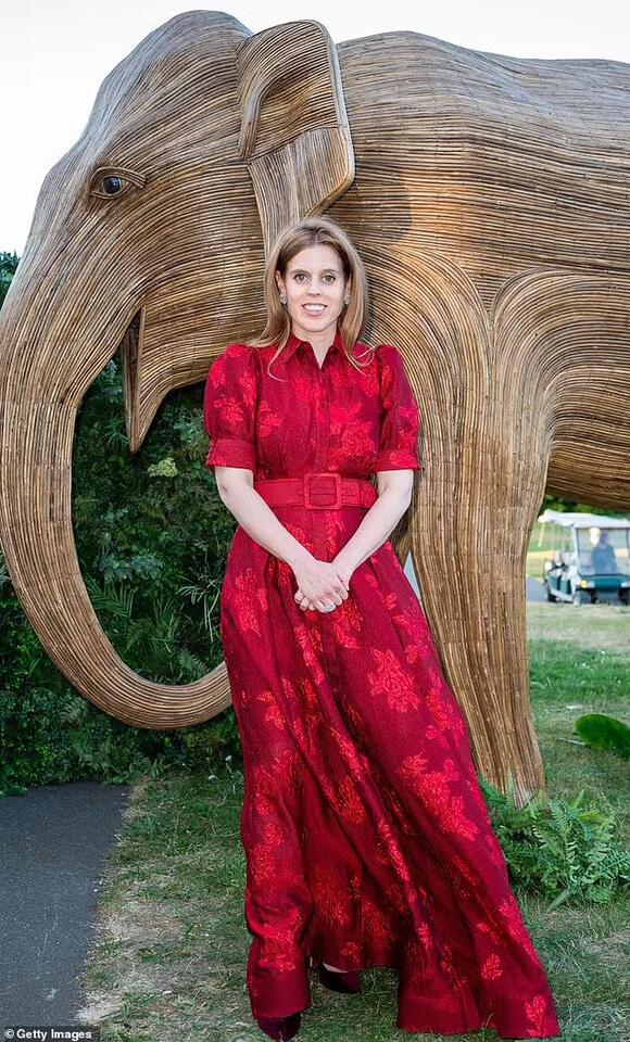 princess beatrice red dress Princess Beatrice wears the #RebeccaVallance Henrietta Button Gown to  attend The Elephant Family Evening of Art and Conservation at Kew Gardens  in London. Styled by @oliviabuckingham Photographer: @sofi.adams.photo