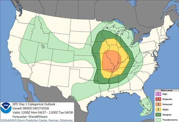 Storm Prediction Center forecasts severe storms & EF2+ tornado risk for ...