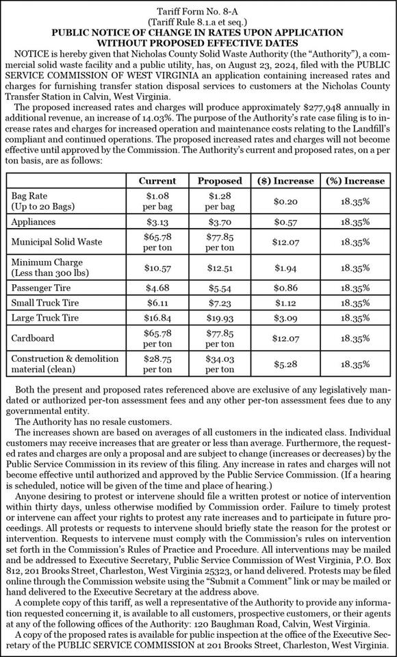 Public Notice Of Change In Rates For Nicholas County Solid Waste