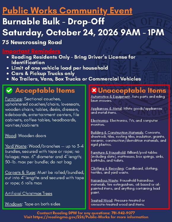 📢 Burnable bulk drop-off for Reading residents Oct 24 - NewsBreak