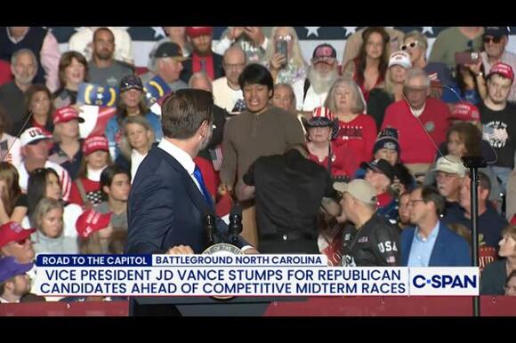 Protester Yells ‘Release the Epstein Files’ at VP Vance Campaign Rally in North Carolina