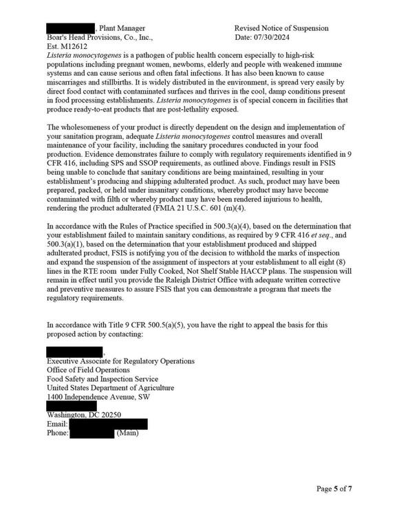 REPORT Boar's Head's Notice of Suspension from the USDA at Jarratt, Va