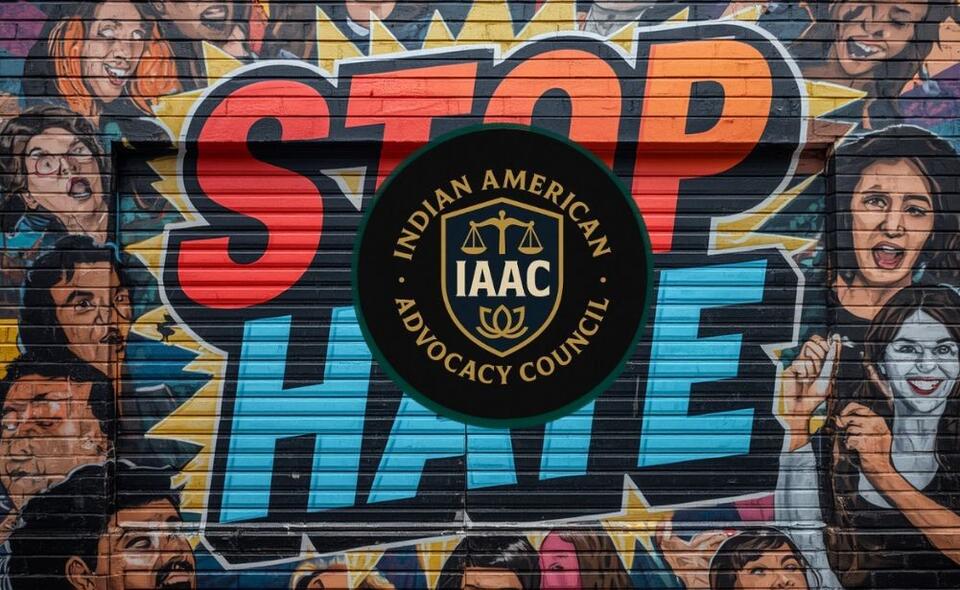 STOP HATE" mural with IAAC logo, news about anti-Indian hate incidents.