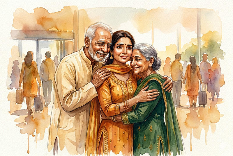 Indian parents embrace daughter at airport, community and politics involved in her return.
