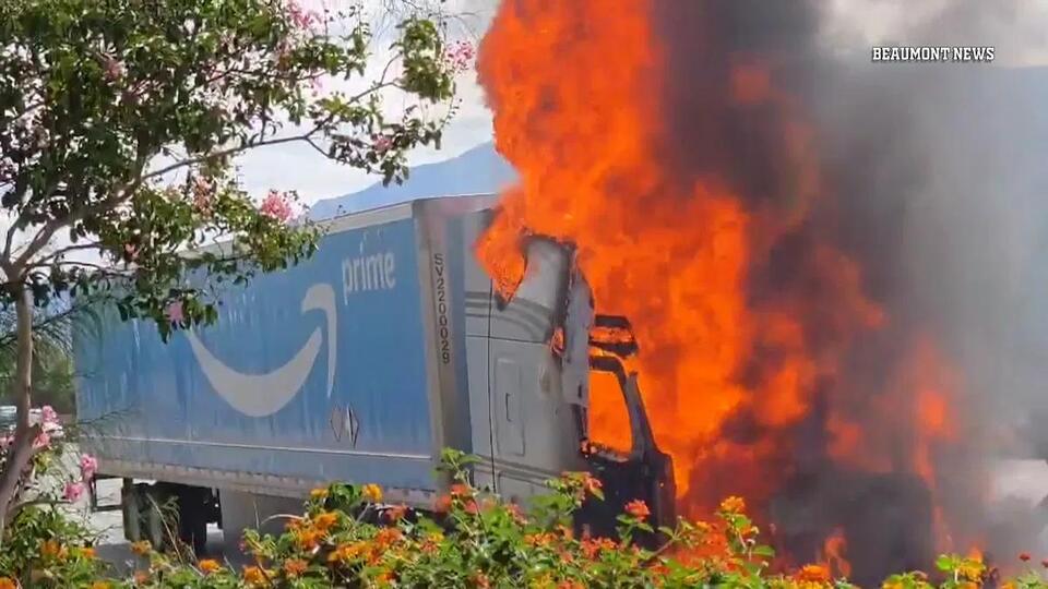 Amazon Prime truck catches on fire, temporarily closing two westbound ...