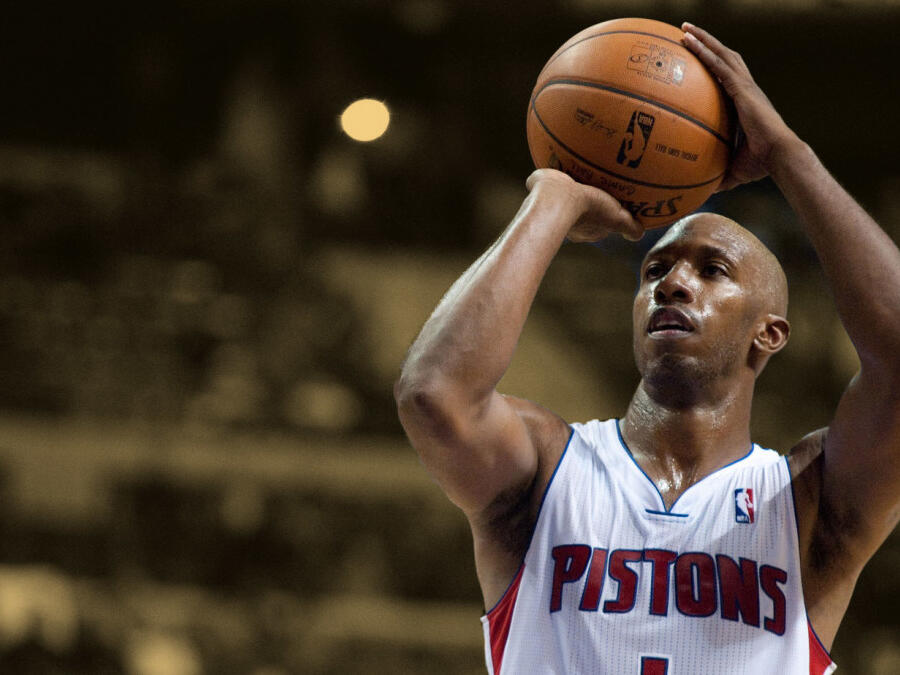 Chauncey Billups celebrating NBA Finals victory with the Detroit Pistons