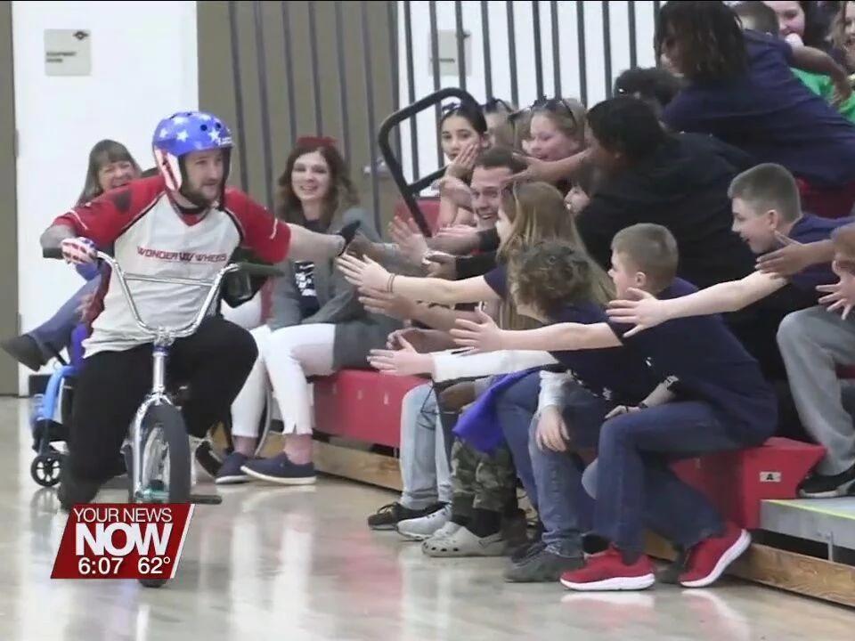 School assembly featuring Wonder Wheels BMX Stunt Team motivate Perry ...