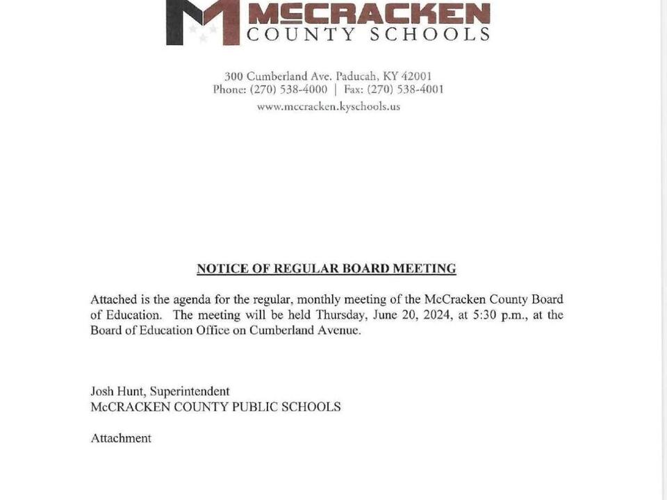 McCracken County Board of Education to hold regular meeting Thursday, June 20