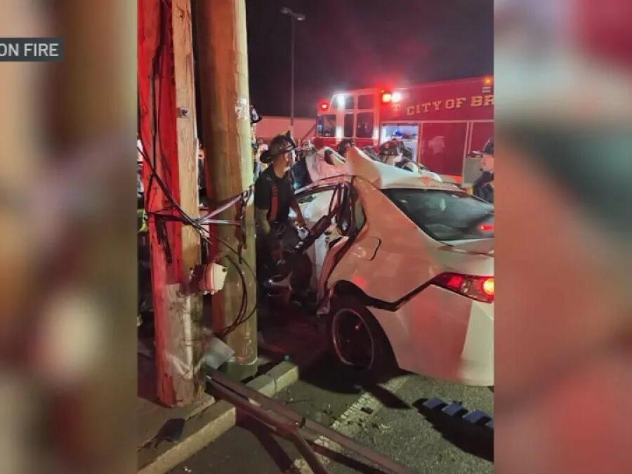 Driver trapped in car after striking pole in Brockton