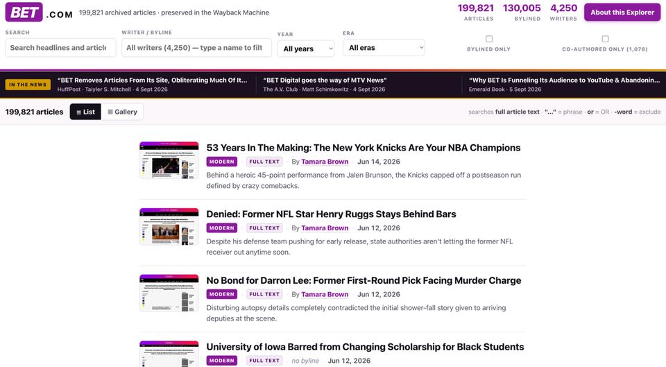 Digital Preservation: Internet Archive Releases Online Archive (199,000 Articles) of BET Journalism No Longer Available on the Live Web