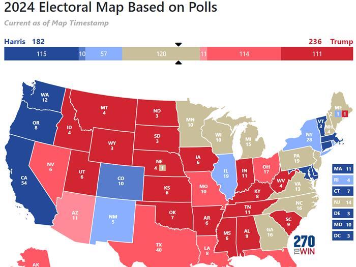 Polling Map for Kamala Harris vs. Donald Trump