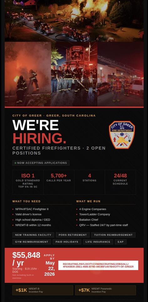 Greer Fire Department hiring certified firefighters - NewsBreak