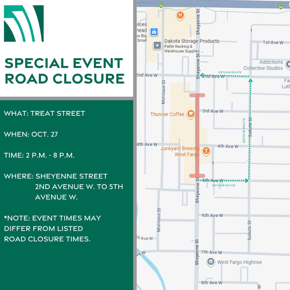 🚧 Sheyenne Street closing Oct. 27, 2–8 p.m. for Treat Street - NewsBreak