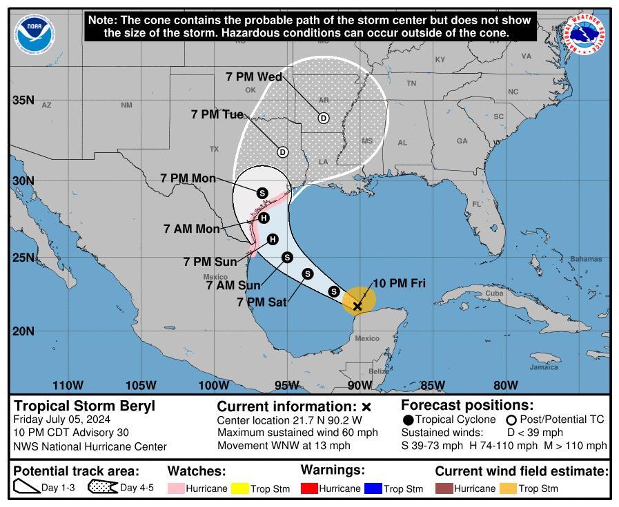 As Beryl tracks toward Texas, forecasters shift warnings as far east as ...