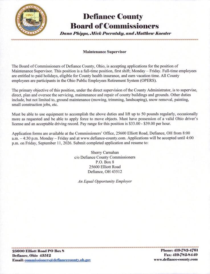 Defiance County hiring Maintenance Supervisor - NewsBreak