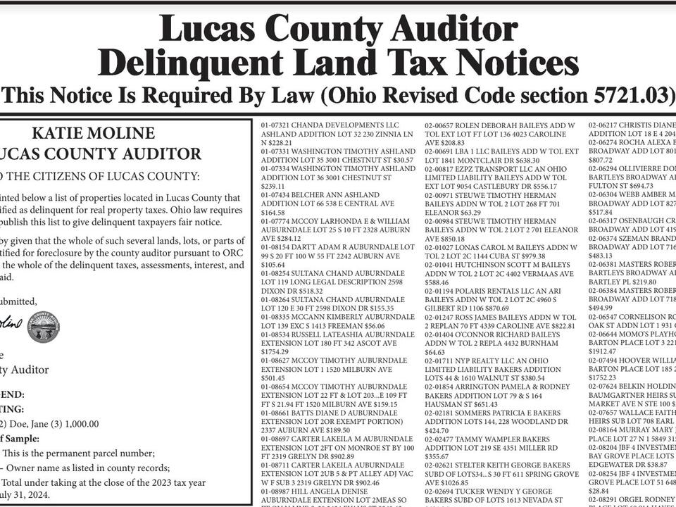 2024 Lucas County Auditor Delinquent Land Tax Notices