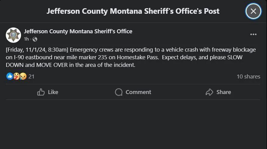 Crash on I-90 near Homestake Pass causes delays - NewsBreak
