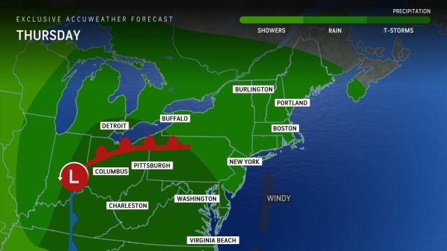 Increasingly windy with showers and possibly a t-storm through Friday ...
